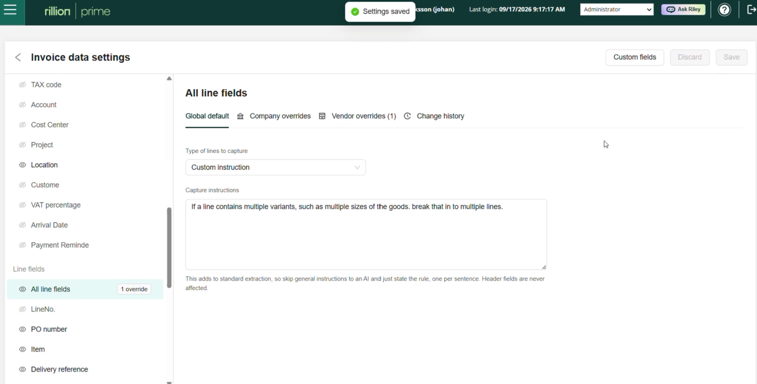 Custom instruction for invoice lines