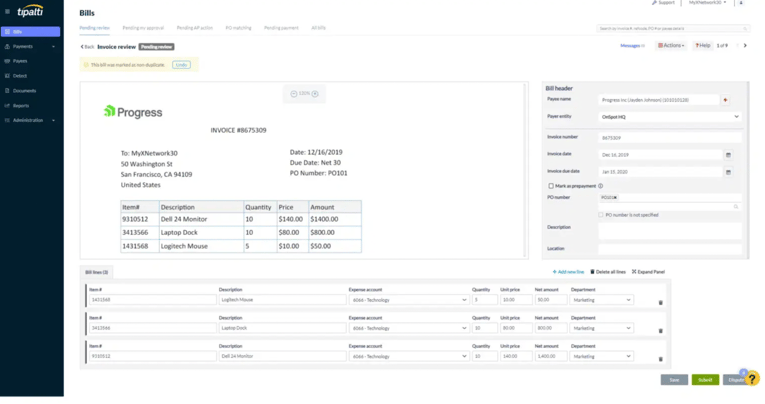 tipalti invoice dashboard