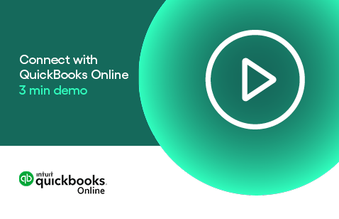 Quickbooks Logo with play button and the text 2 min demo